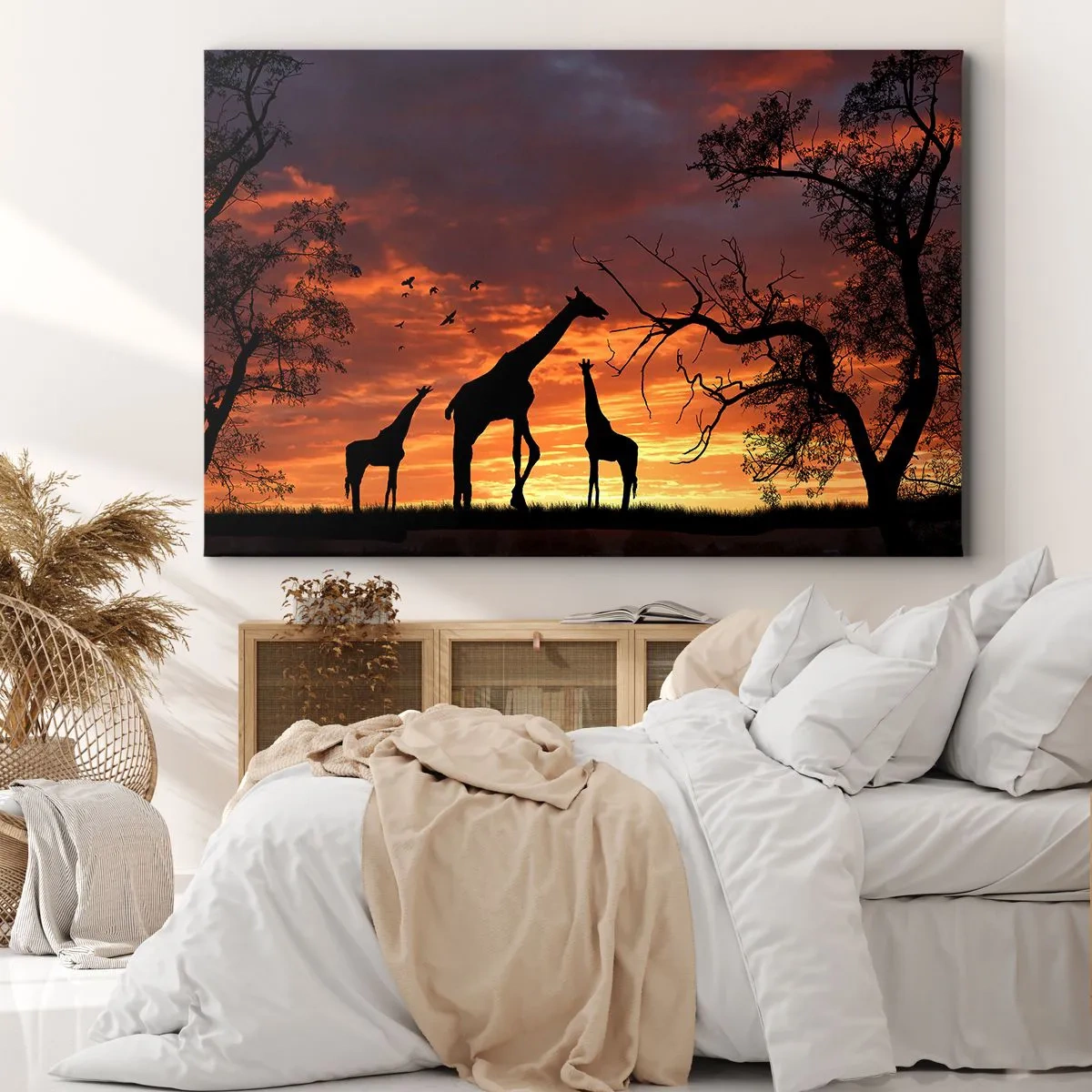 Lærredstryk - Billede på lærred - Silhuetter af giraffer mod baggrunden af den afrikanske solnedgang - 70x50cm - En lille middag med dem, du holder af - Moderne vægdekoration til stue og soveværelse ARTTOR