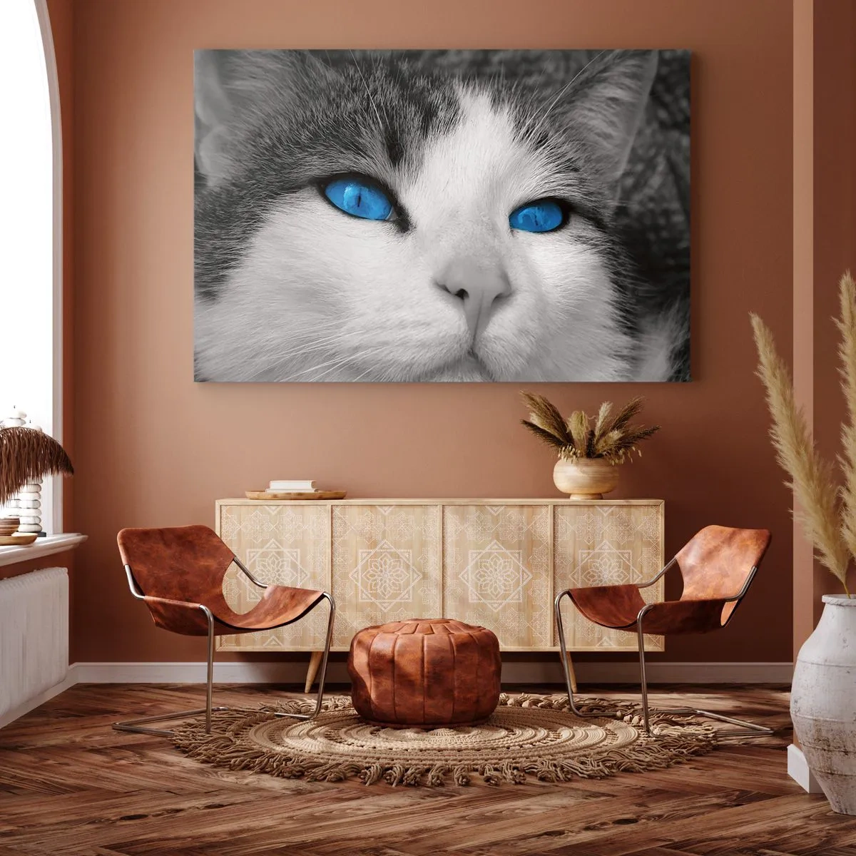 Lærredstryk - Billede på lærred - Portræt af en kat med blå øjne i sort-hvid stil - 70x50cm - Usædvanlig blåøjet - Moderne vægdekoration til stue og soveværelse ARTTOR