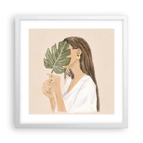 Plakat i hvid ramme - Mystisk portræt med en vifte - 40x40 cm