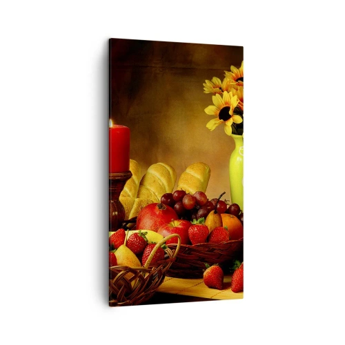Lærredstryk - Billede på lærred - Stilleben med brød og frugt - 45x80 cm