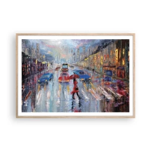 Plakat i ramme af lyst egetræ - Regnfuld eftermiddag i byen - 100x70 cm