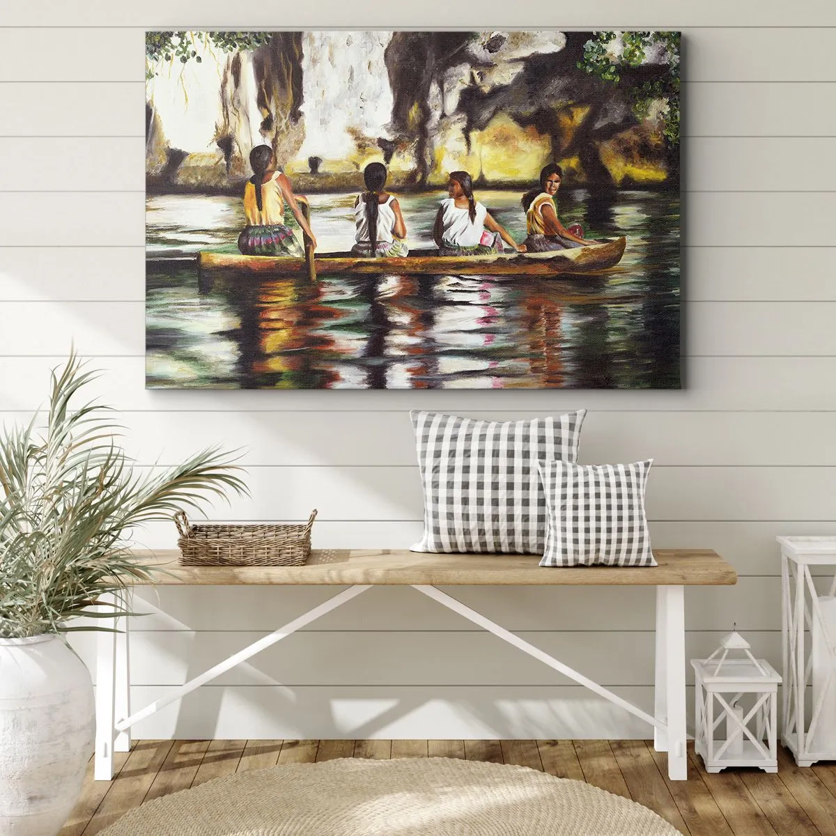 Lærredstryk - Billede på lærred - Kvinder i en båd på en rolig flod med en malerisk baggrund - 70x50cm - I et polynesisk paradis - Moderne vægdekoration til stue og soveværelse ARTTOR