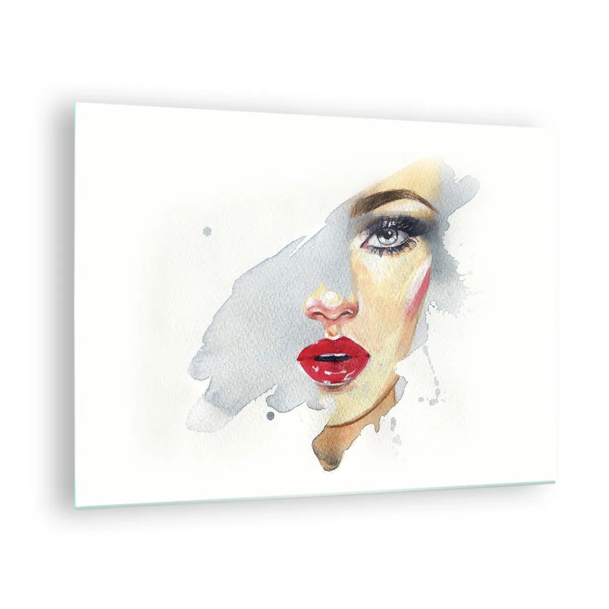 Billede på glas - Akvarelportræt af en kvinde med røde læber - 70x50cm - Refleksion i en vanddråbe - Moderne vægdekoration til stue og soveværelse ARTTOR