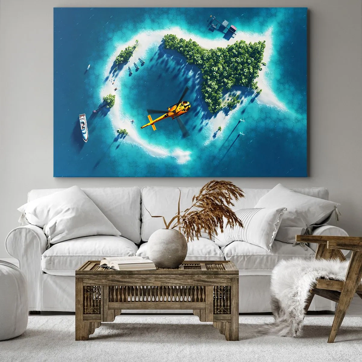Lærredstryk - Billede på lærred - En tropisk ø omgivet af turkisblåt vand med en helikopter i sigte - 70x50cm - Køb en ø - Moderne vægdekoration til stue og soveværelse ARTTOR