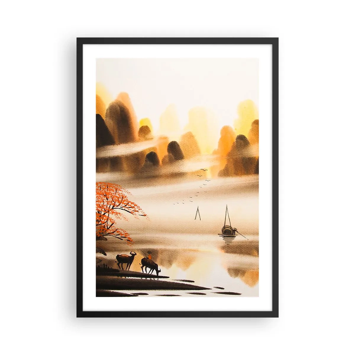 Plakat i sort ramme - Orientalsk bjerglandskab i tåge med en båd og dyr - 50x70cm - Længere væk end det fjerne Østen - Moderne vægdekoration til stue og soveværelse ARTTOR