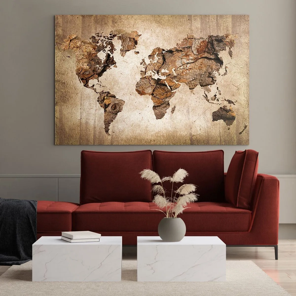 Billede på glas - Et verdenskort i brune nuancer, der imiterer træ - 70x50cm - Opdagelse af verden - Moderne vægdekoration til stue og soveværelse ARTTOR