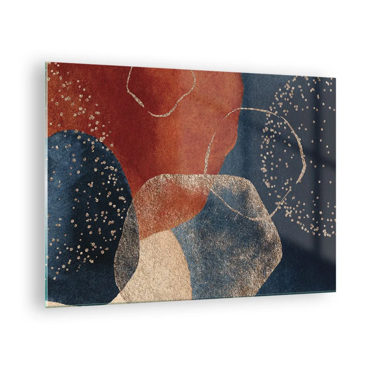 Billede på glas - Abstrakte former i nuancer af marineblå og kobber - 70x50cm - Lethed i tilværelsen - Moderne vægdekoration til stue og soveværelse ARTTOR
