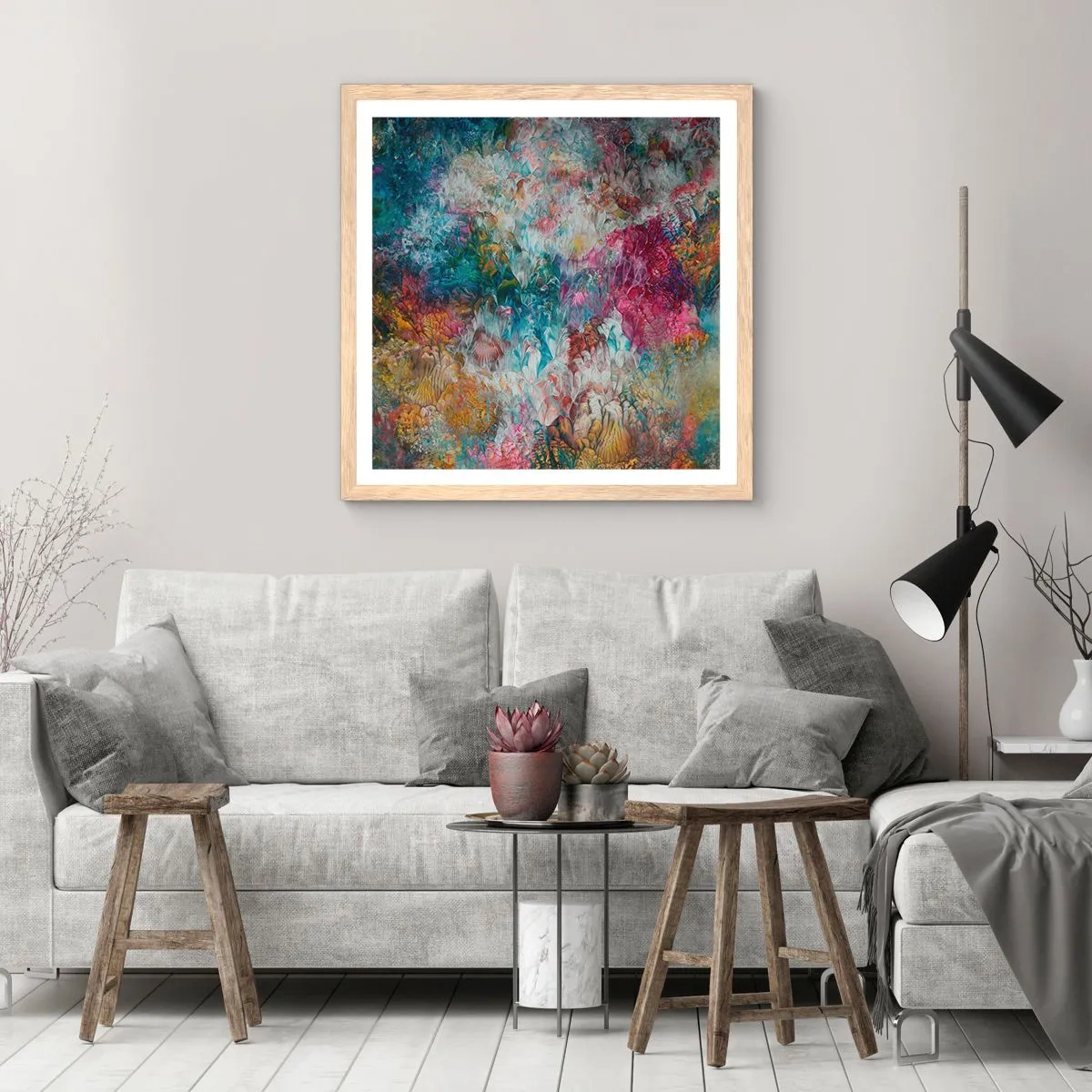 Plakat i ramme af lyst egetræ - I fuldt flor - 30x30 cm