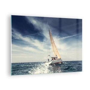 Billede på glas - En yacht sejler på et stormfuldt hav under en blå himmel - 70x50cm - De kan ikke indhente os! - Moderne vægdekoration til stue og soveværelse ARTTOR