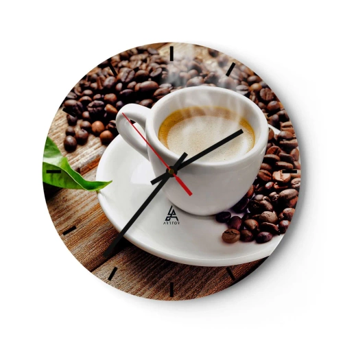 Vægur, Uret - En kop kaffe med bønner på en træbaggrund - 30x30cm - Kaffe på bænken - Moderne vægdekoration til stue, køkken og soveværelse ARTTOR