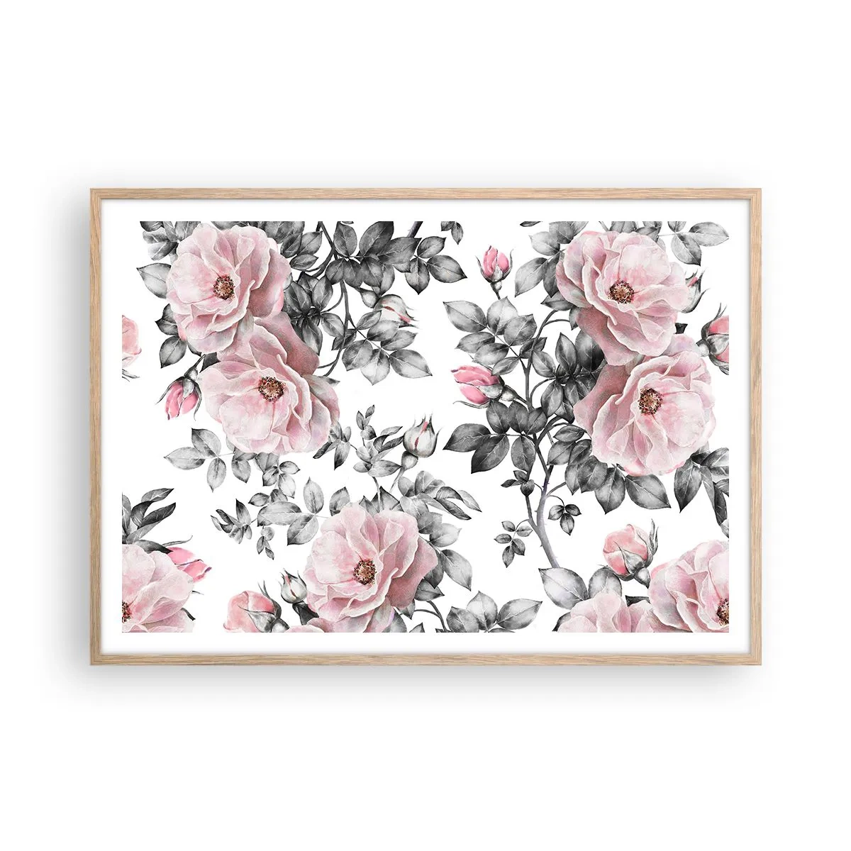 Plakat i ramme af lyst egetræ - Forsvind i rosenblomsterne - 100x70 cm