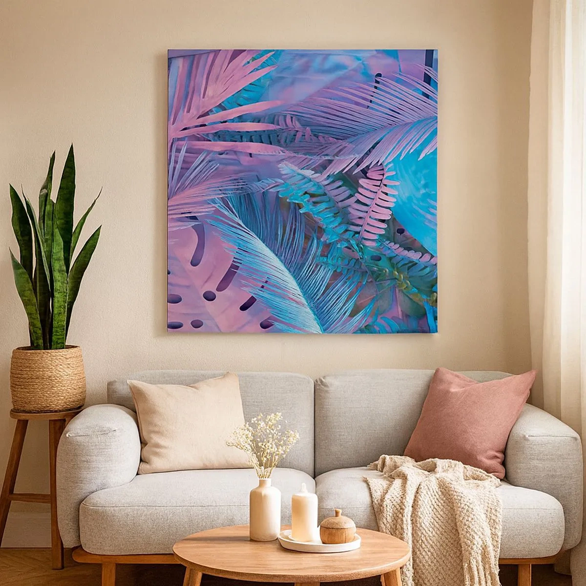 Lærredstryk - Billede på lærred - Troperne i lyserød og blå - 30x30 cm