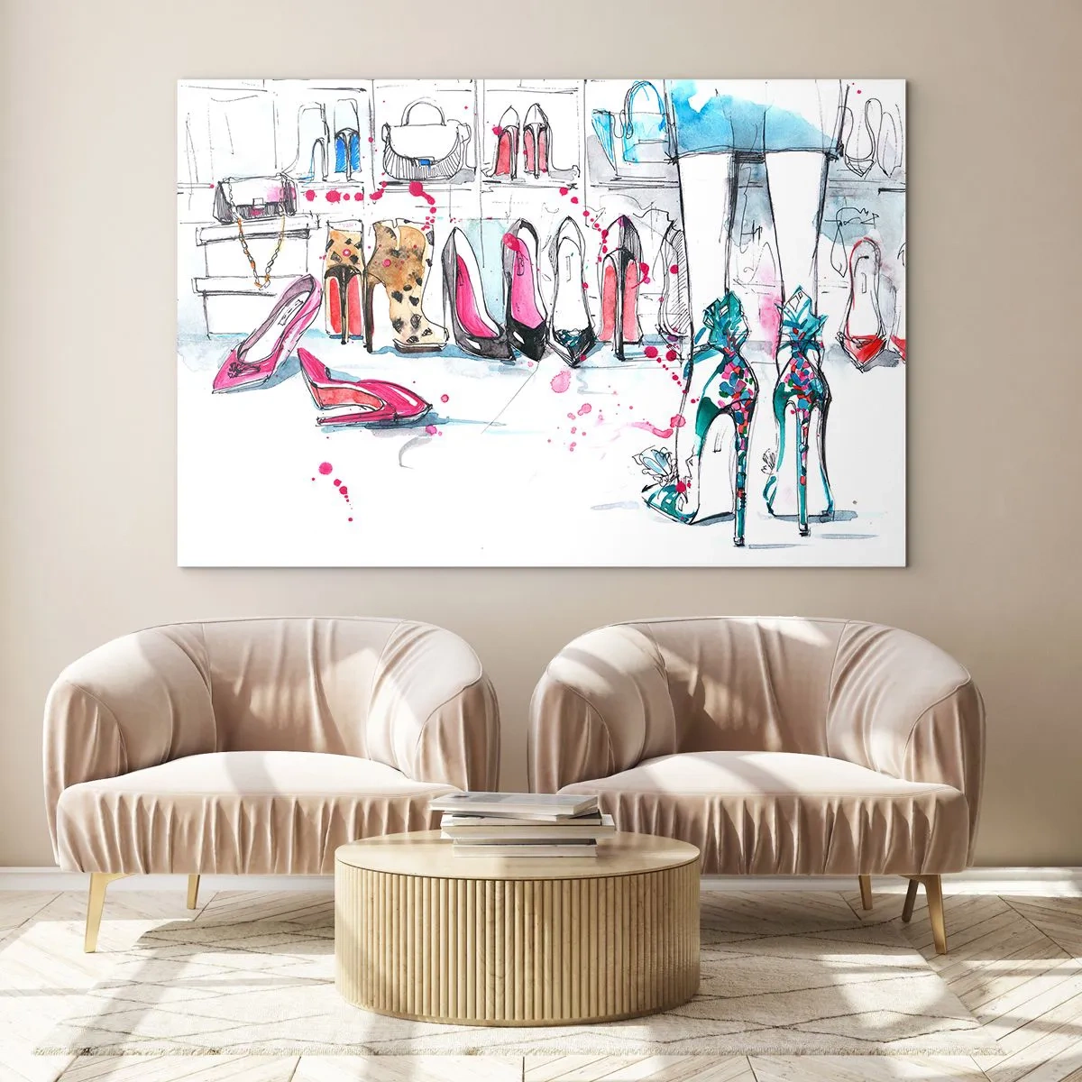 Billede på glas - Illustration af elegante høje hæle i en butik - 70x50cm - Sesam, åbn dig - Moderne vægdekoration til stue og soveværelse ARTTOR