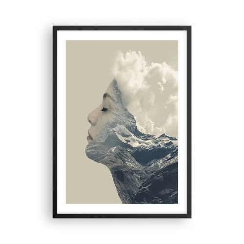 Plakat i sort ramme - En kvindes profil, der smelter sammen med et bjerglandskab - 50x70cm - Skønheden ved elementerne - Moderne vægdekoration til stue og soveværelse ARTTOR
