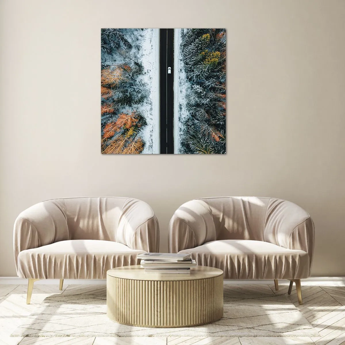 Billede på glas - Skær gennem vinterskoven - 40x40 cm