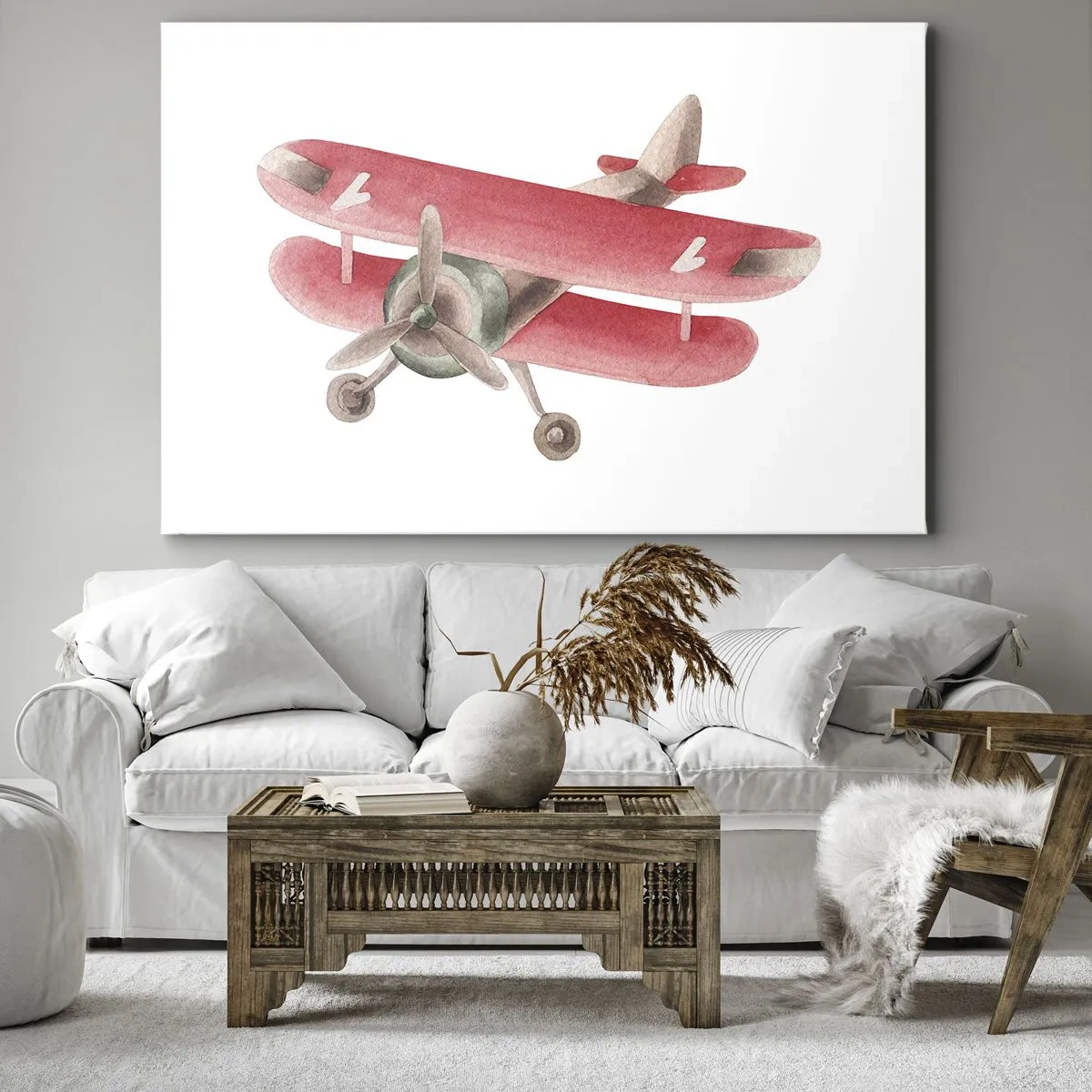Lærredstryk - Billede på lærred - Rød retro flyvemaskine på en hvid baggrund - 70x50cm - Klar til at flyve højt - Moderne vægdekoration til stue og soveværelse ARTTOR