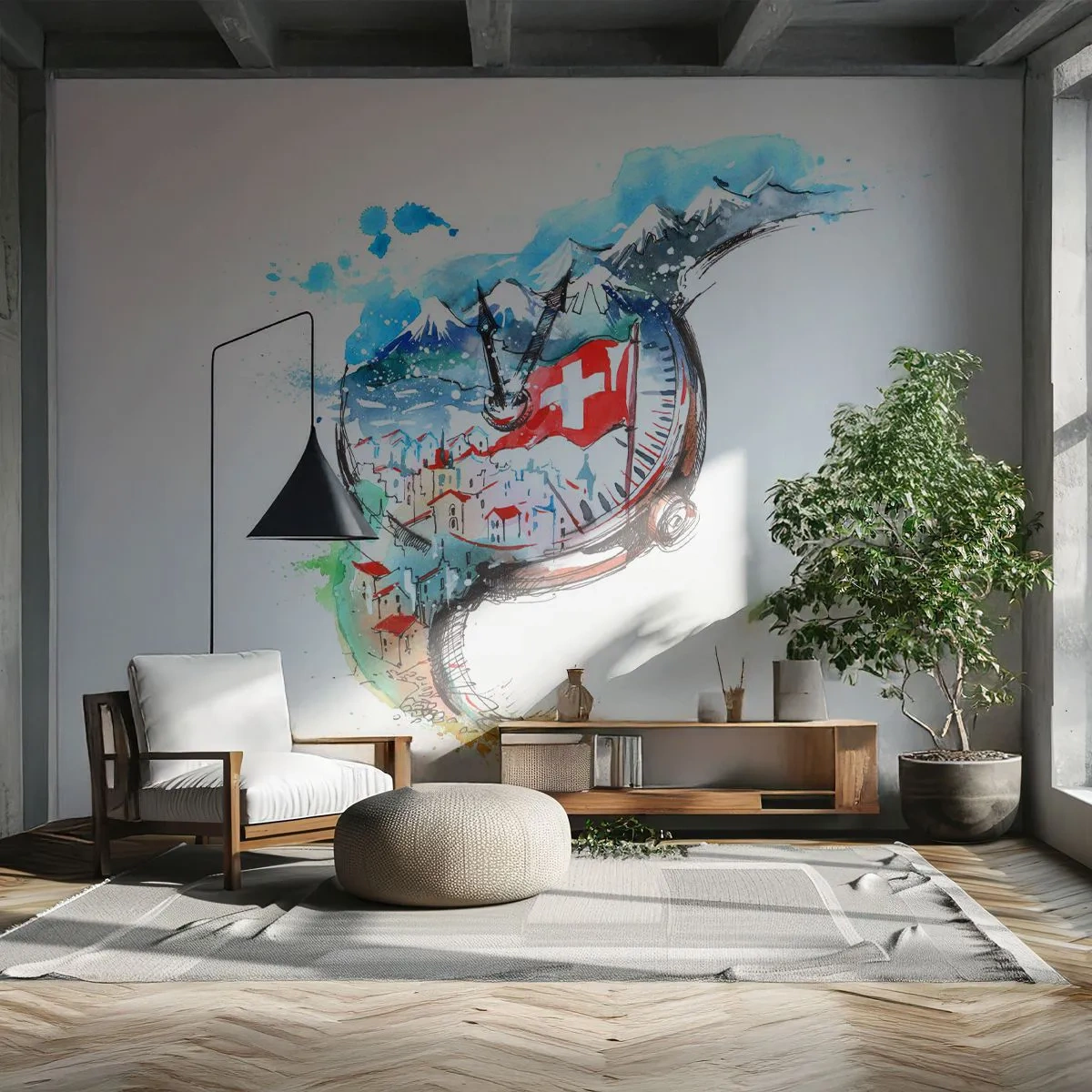 Fototapet Selvklæbende Deluxe Sticker - Schweiz' ånd - Abstraktion, schweizisk ur, Alperne - 250x175 cm