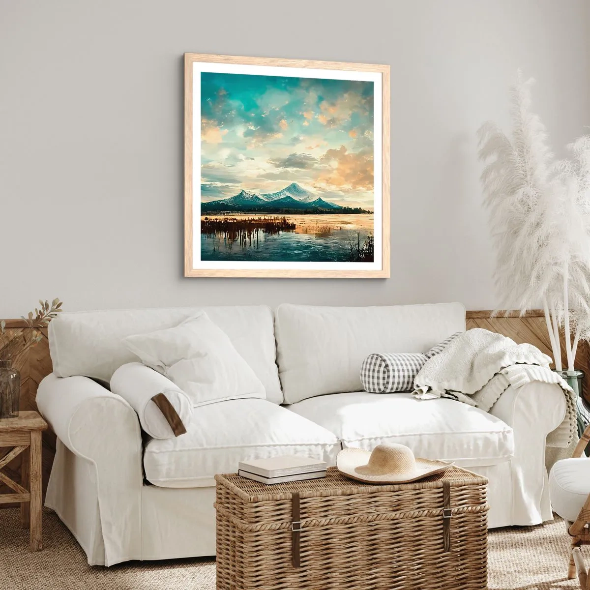 Plakat i ramme af lyst egetræ - Under himlens beskyttelse - 50x50 cm