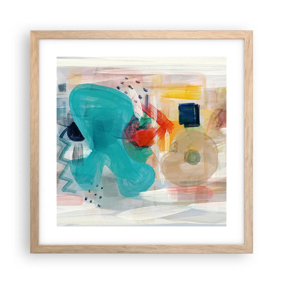 Plakat i ramme af lyst egetræ - Et farverigt spil - 40x40 cm