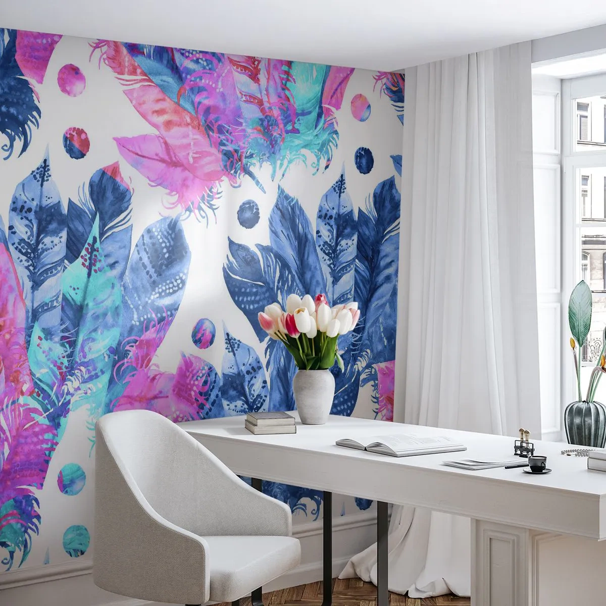 Fototapet Premium Sand - Plys i lyserød og blå - Fuglefjer, Farverig Illustration, Grafik - 450x315 cm