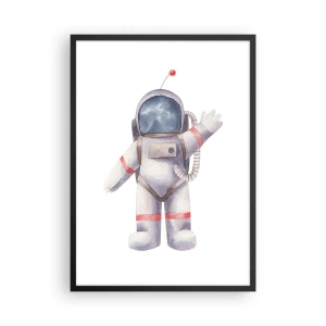 Plakat i sort ramme - Akvarel astronaut vinker i rummet illustration - 50x70cm - Det er alt for nu! - Moderne vægdekoration til stue og soveværelse ARTTOR