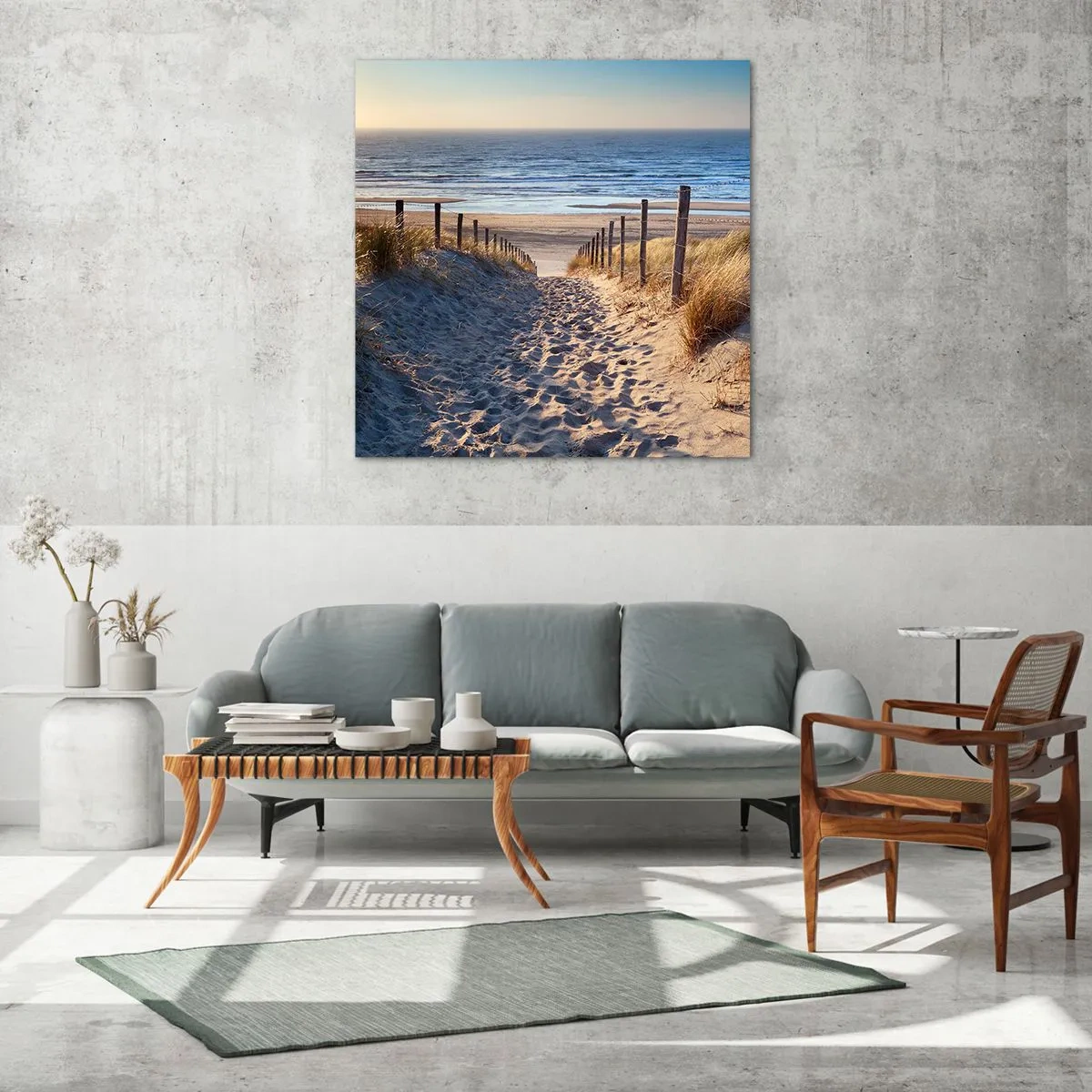 Billede på glas - Havet brummer, fuglene synger, en vild strand midt i græsset.... - 30x30 cm