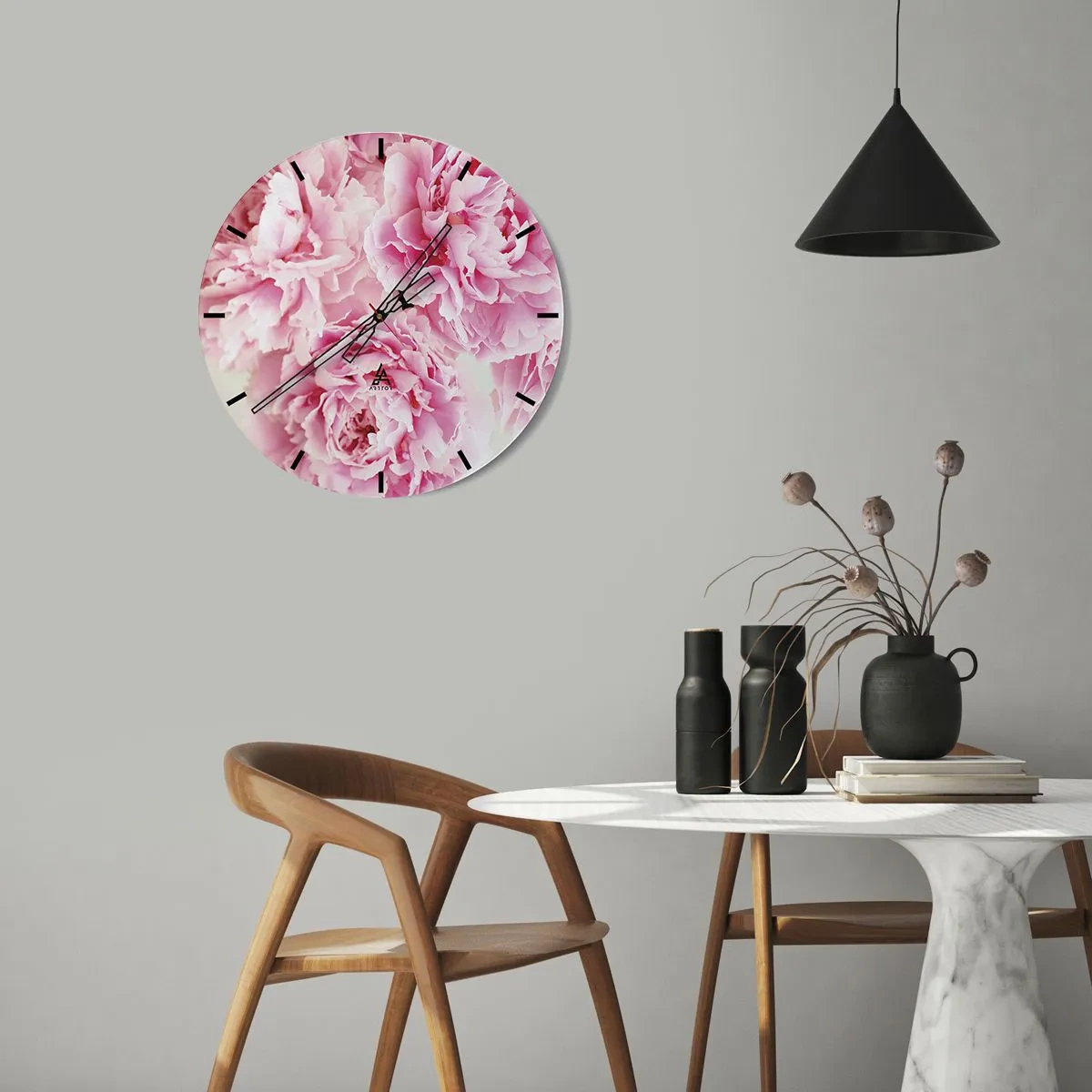 Vægur, Uret - Lyserøde pæonblomster på en hvid baggrund - 30x30cm - I lyserød glamour - Moderne vægdekoration til stue, køkken og soveværelse ARTTOR