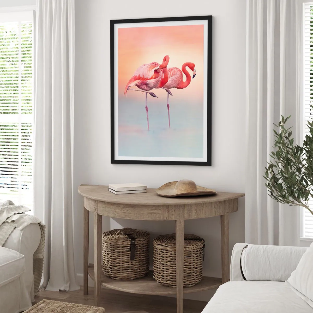 Plakat i sort ramme - Flamingoer mod en pastelfarvet solnedgangsbaggrund - 50x70cm - I farven af den nedgående sol - Moderne vægdekoration til stue og soveværelse ARTTOR