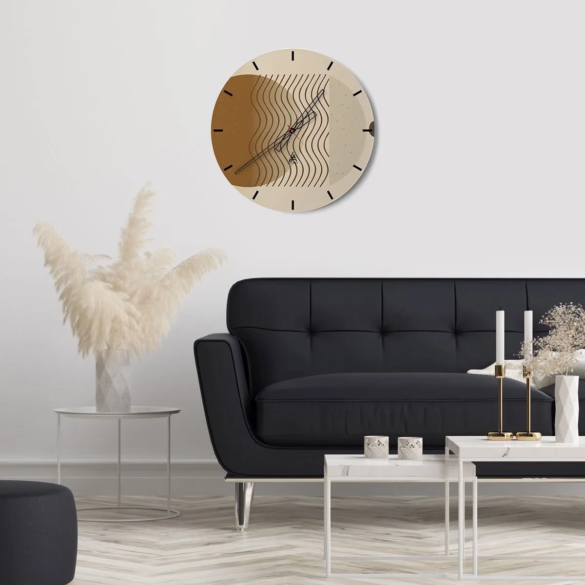 Vægur, Uret - Abstrakte cirkler i nuancer af rød og blå på en sort baggrund - 30x30cm - Om geometriske figurers oprindelse - Moderne vægdekoration til stue, køkken og soveværelse ARTTOR