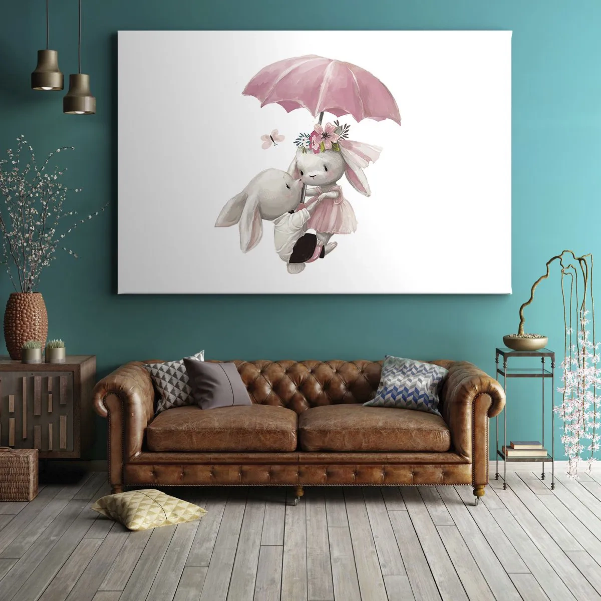 Lærredstryk - Billede på lærred - Søde kaniner under en lyserød paraply - 70x50cm - Det er kærlighed - Moderne vægdekoration til stue og soveværelse ARTTOR