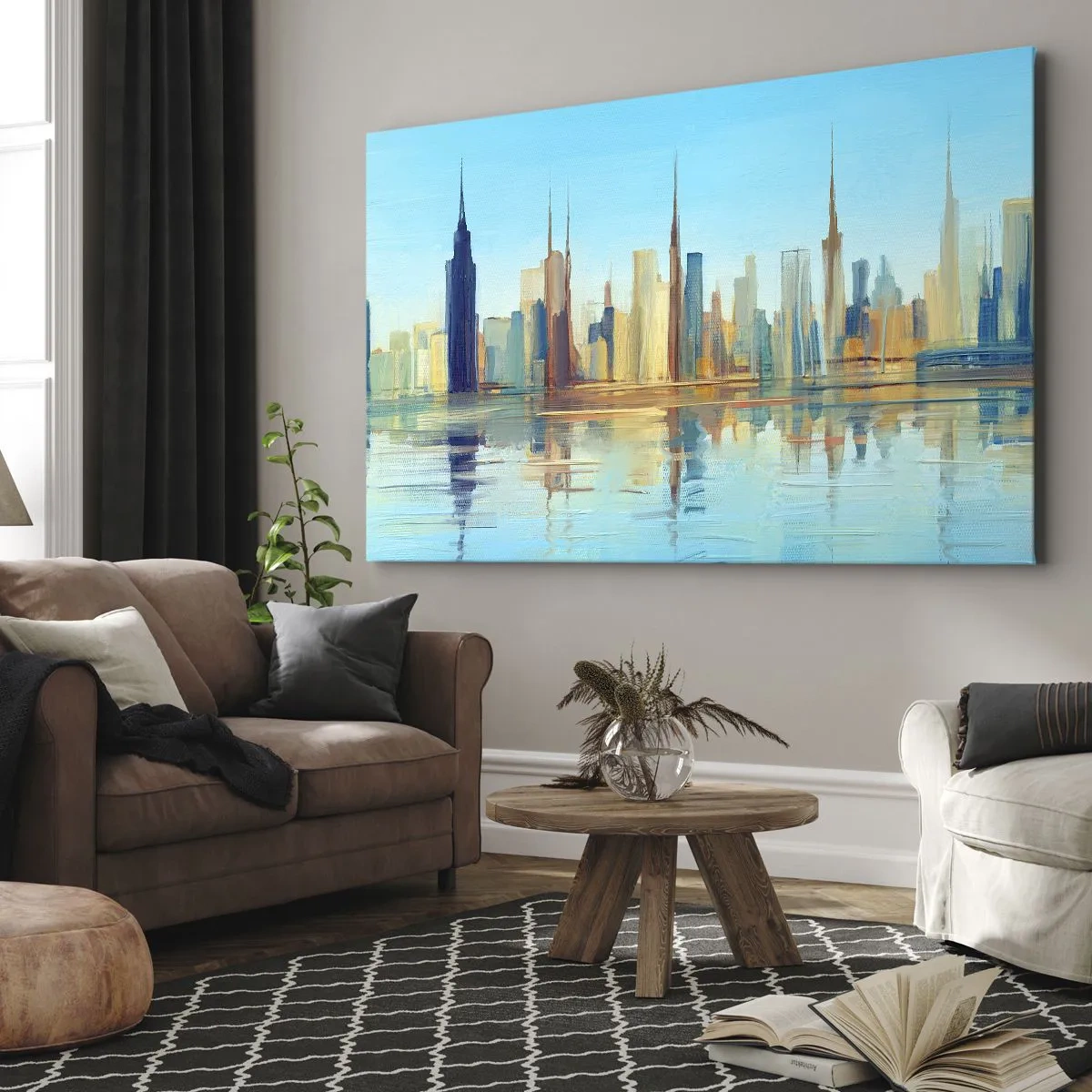 Lærredstryk - Billede på lærred - Et panorama af byen i varme farver med spejling i vandet - 70x50cm - Solrig metropol - Moderne vægdekoration til stue og soveværelse ARTTOR