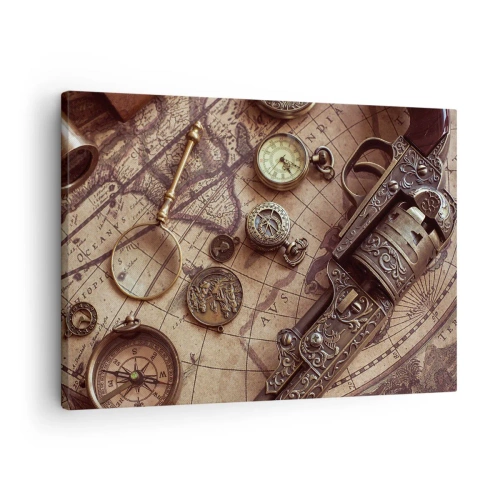 Lærredstryk - Billede på lærred - Antikke genstande på et gammelt kort i retrostil - 70x50cm - Opkald til eventyr - Moderne vægdekoration til stue og soveværelse ARTTOR