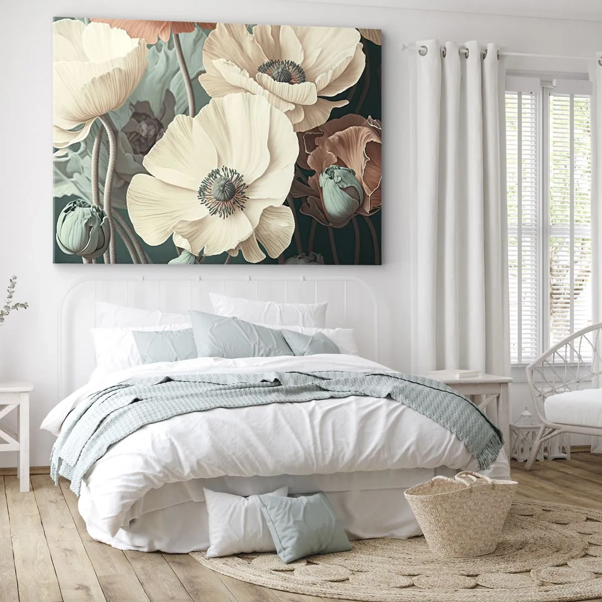 Lærredstryk - Billede på lærred - Elegante blomster i pastelfarver på en grøn baggrund - 70x50cm - Valmuernes hvisken - Moderne vægdekoration til stue og soveværelse ARTTOR