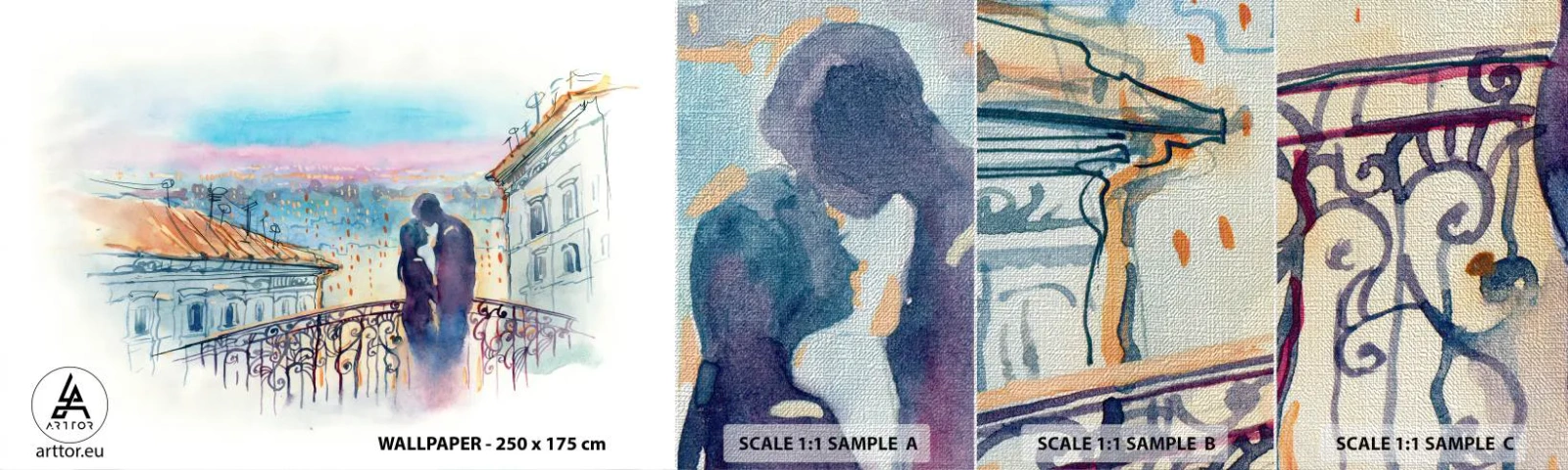 Prøve Fototapet Premium Canvas - Parisiske elskere - Arkitektur, By, Et par kærester - 100x30 cm