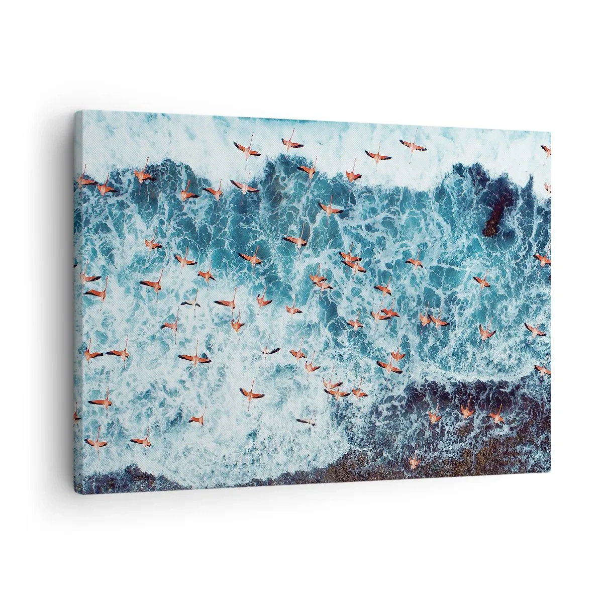 Lærredstryk - Billede på lærred - Et fugleperspektiv af lyserøde flamingoer over et blåt hav - 70x50cm - Parade ved havet - Moderne vægdekoration til stue og soveværelse ARTTOR