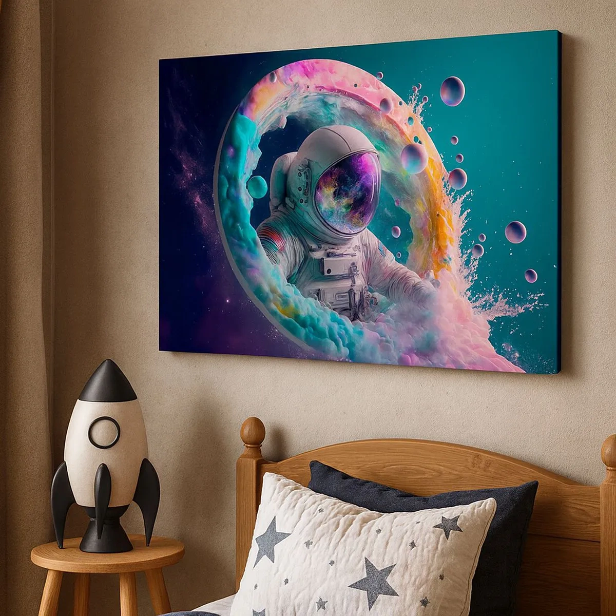 Lærredstryk - Billede på lærred - Astronaut i en farverig kosmisk aura - 70x50cm - Stjerneport - Moderne vægdekoration til stue og soveværelse ARTTOR