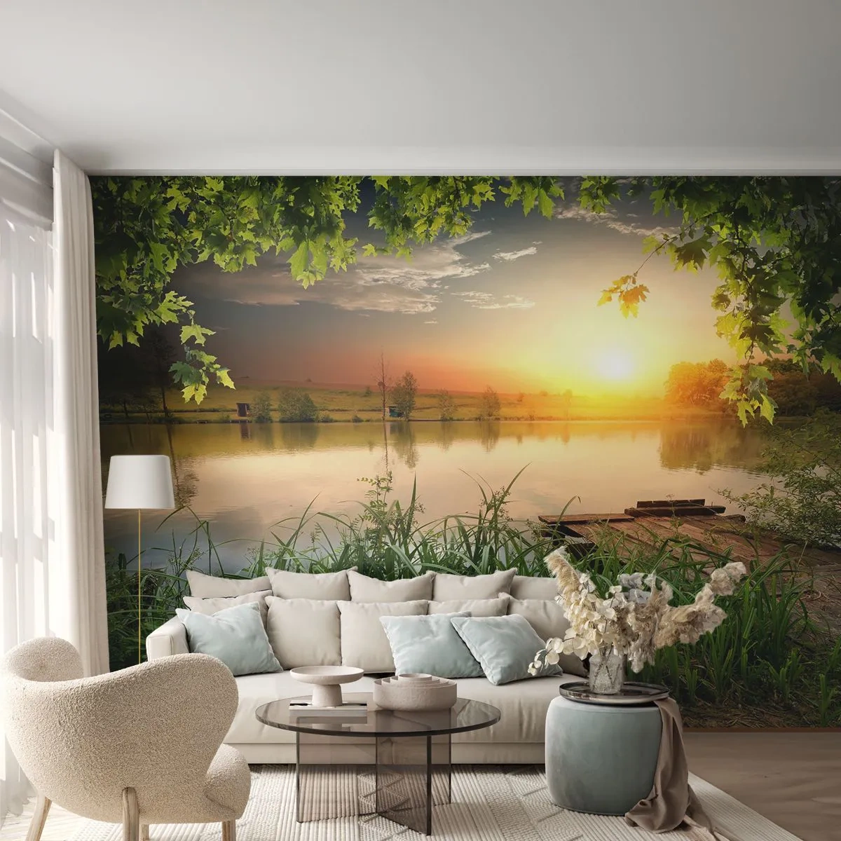 Fototapet Premium Sand - Landskab i en grøn ramme - Landskab, Sø, træbro - 100x70 cm