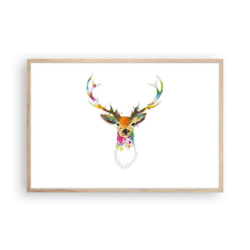 Plakat i ramme af lyst egetræ - Blid kronhjort badet i farver - 91x61 cm