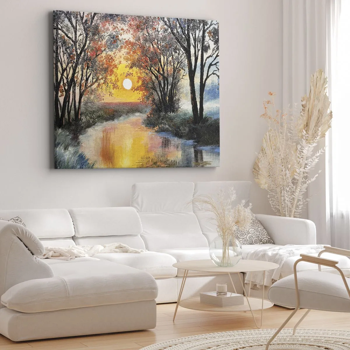 Lærredstryk - Billede på lærred - Solnedgang over floden i et efterårslandskab - 70x50cm - Efterårs atmosfære - Moderne vægdekoration til stue og soveværelse ARTTOR