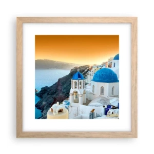 Plakat i ramme af lyst egetræ - Santorini - omfavnet af klipperne - 30x30 cm