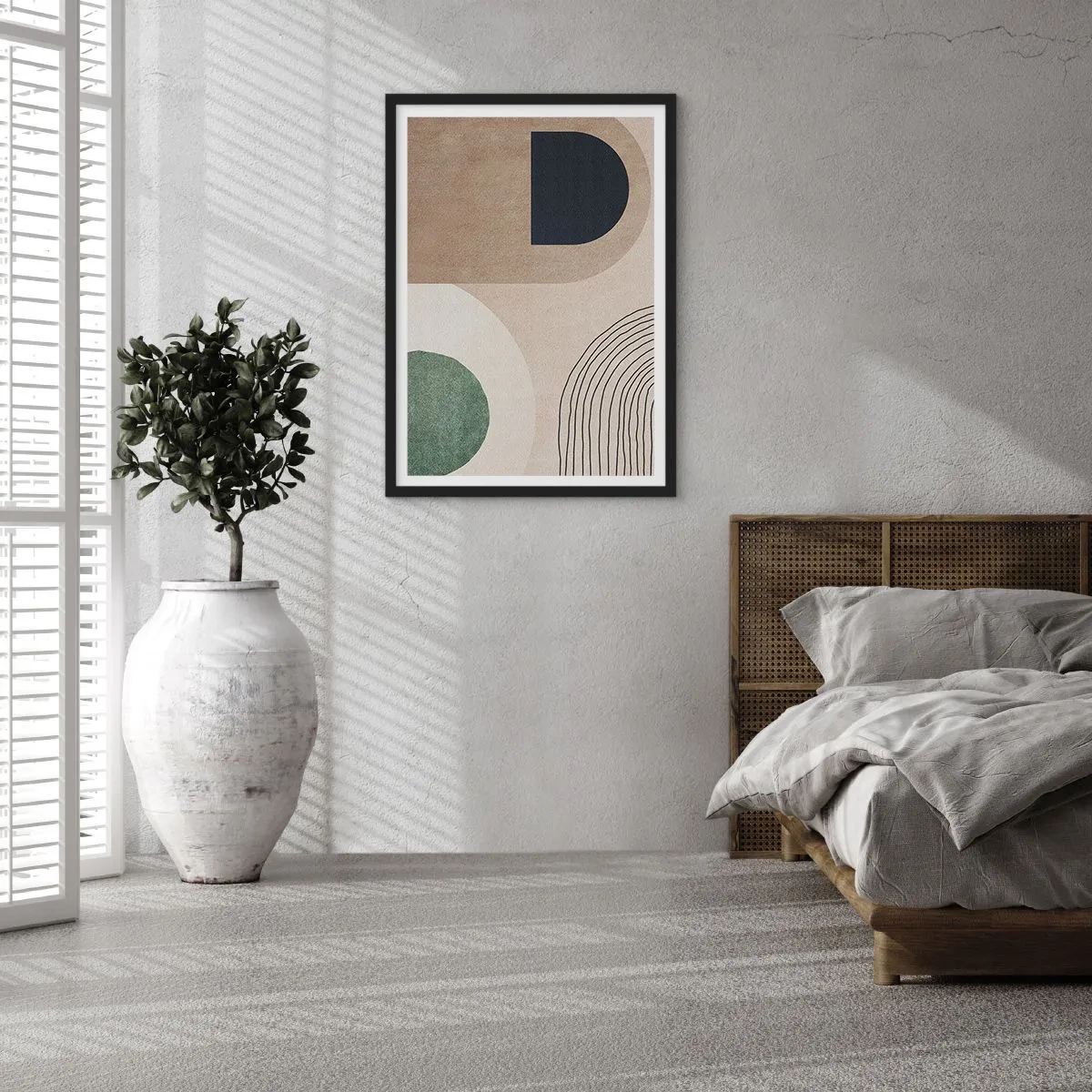 Plakat i sort ramme - Geometrisk abstraktion i beige, grønne og sorte toner - 50x70cm - Blidheden i en oval - Moderne vægdekoration til stue og soveværelse ARTTOR