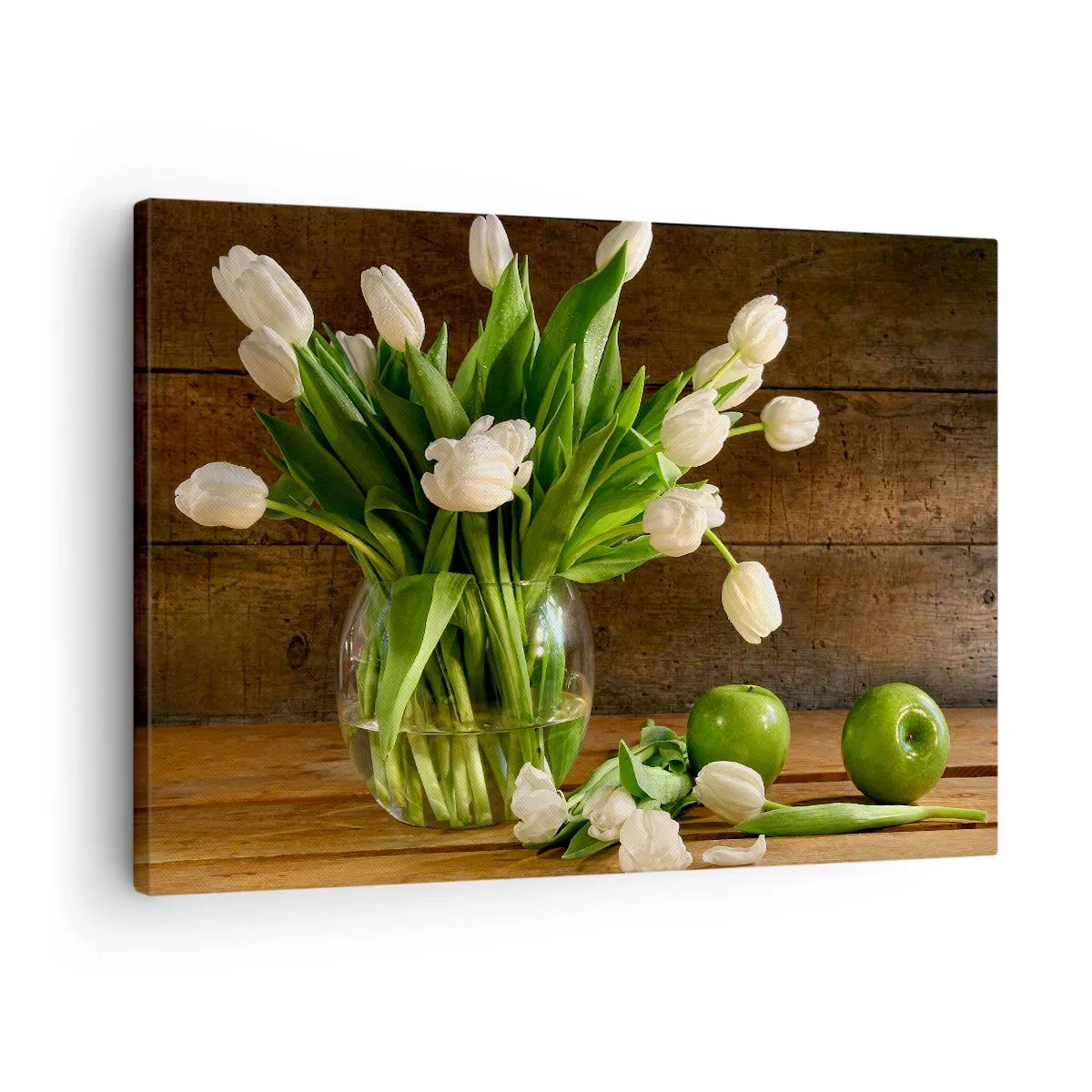 Lærredstryk - Billede på lærred - En buket hvide tulipaner i en glasvase med grønne æbler - 70x50cm - Saftig og frisk i grøn og hvid - Moderne vægdekoration til stue og soveværelse ARTTOR