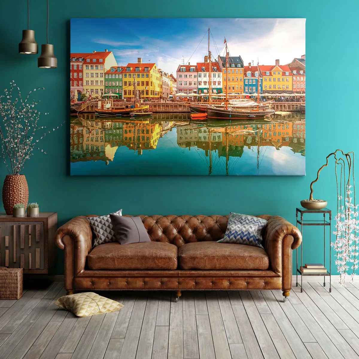 Lærredstryk - Billede på lærred - Farverige kanalhuse i København - 70x50cm - Over vand så glat som et spejl - Moderne vægdekoration til stue og soveværelse ARTTOR