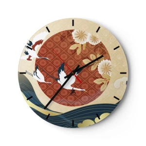 Vægur, Uret - Japanske traner mod en baggrund af en rød cirkel og stiliserede bølger. - 30x30cm - Kompatibel manglende overensstemmelse - Moderne vægdekoration til stue, køkken og soveværelse ARTTOR