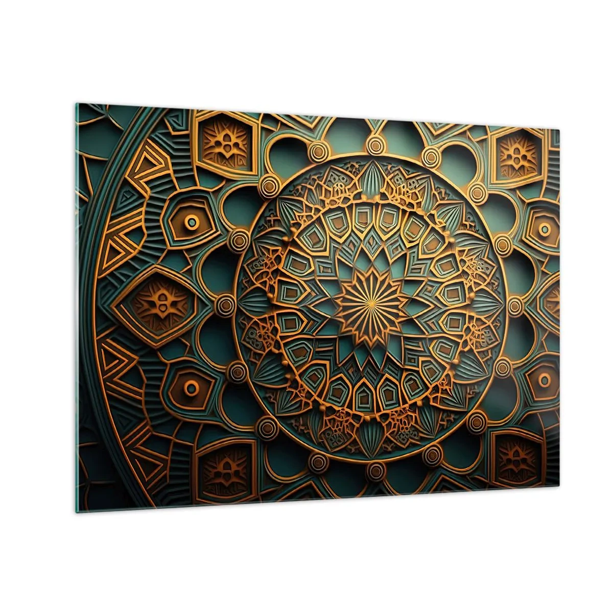 Billede på glas - Guld- og turkis ornament i stil med en arabisk mosaik - 70x50cm - I et arabisk klima - Moderne vægdekoration til stue og soveværelse ARTTOR