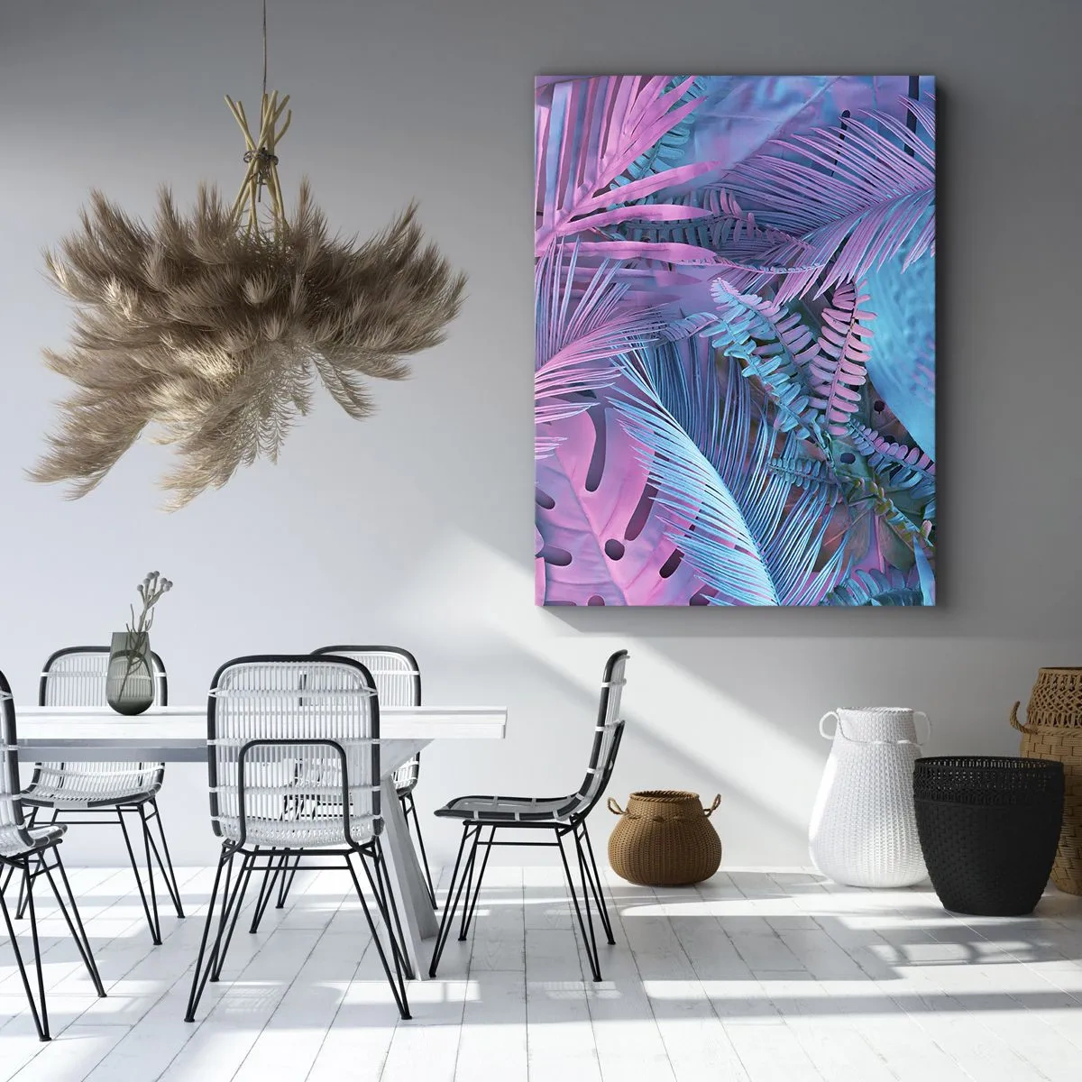 Lærredstryk - Billede på lærred - Troperne i lyserød og blå - 55x100 cm
