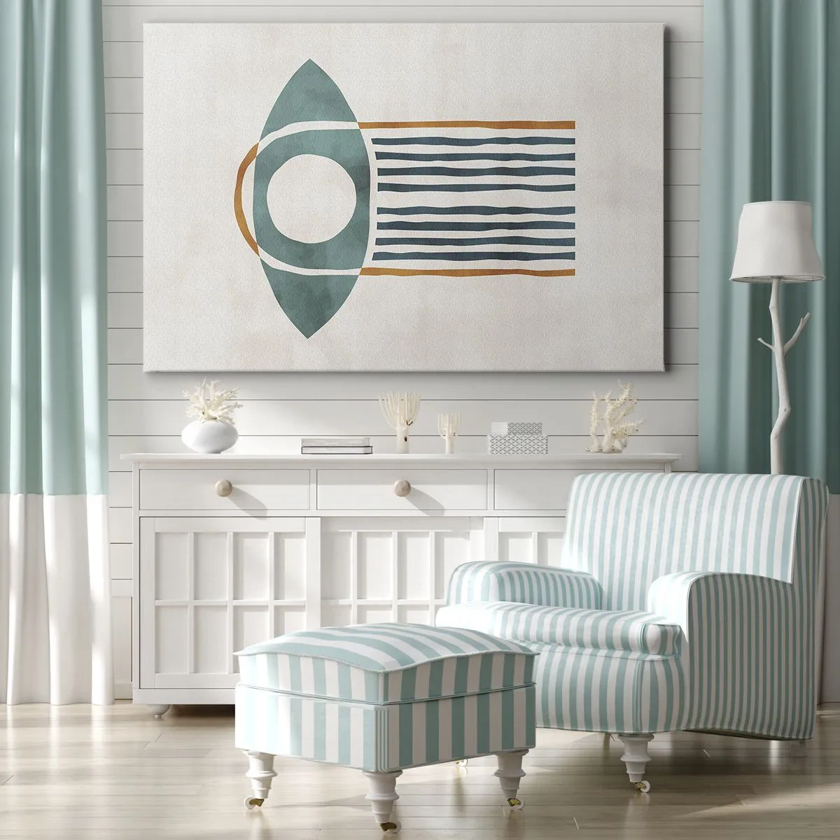 Lærredstryk - Billede på lærred - Geometrisk mønster i nuancer af grønt og orange - 70x50cm - Tegn og ritualer - Moderne vægdekoration til stue og soveværelse ARTTOR