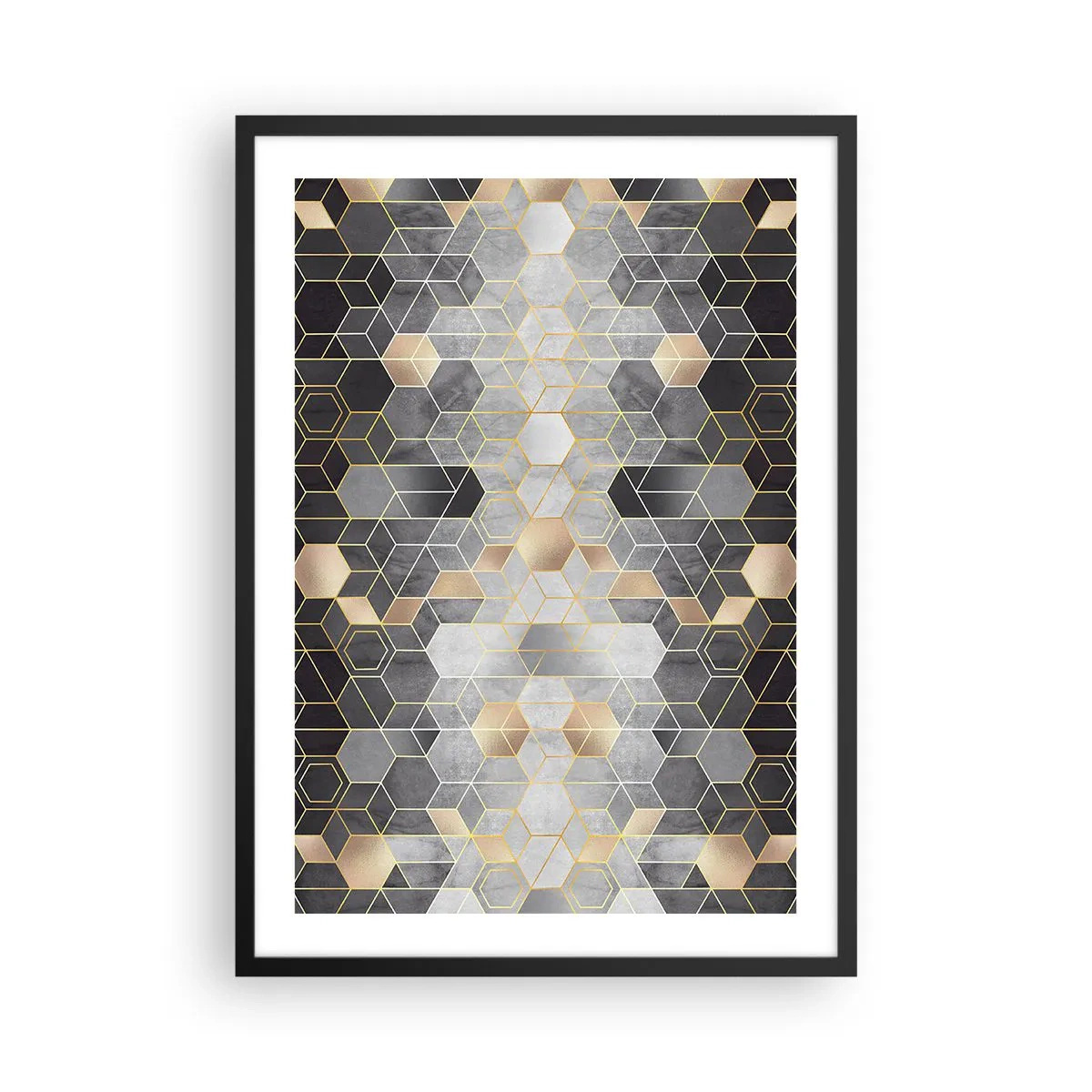 Plakat i sort ramme - Geometrisk sekskantmønster i nuancer af guld og grå - 50x70cm - Sammensætning af diamanter - Moderne vægdekoration til stue og soveværelse ARTTOR