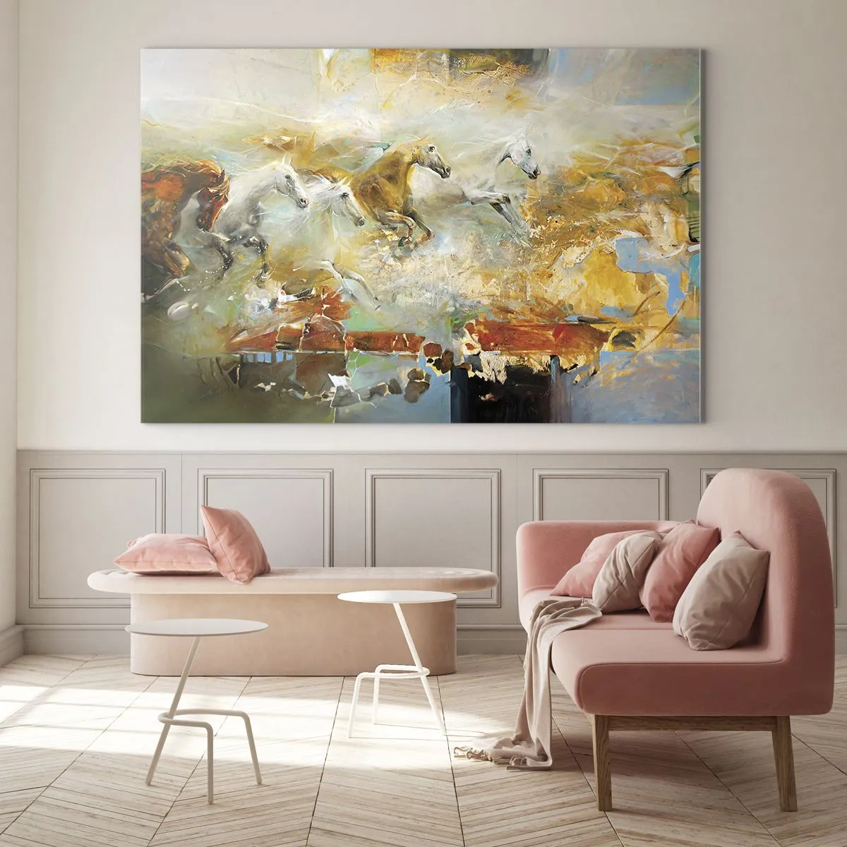 Billede på glas - Abstrakte heste i dynamisk bevægelse - 70x50cm - Galopperer gennem lyset - Moderne vægdekoration til stue og soveværelse ARTTOR