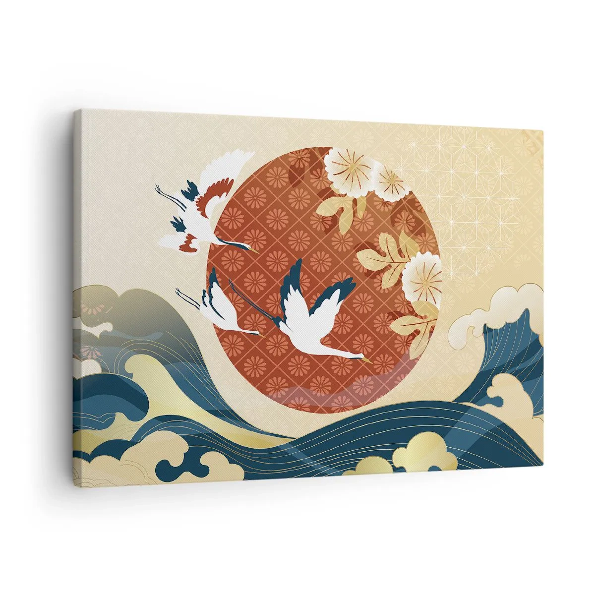Lærredstryk - Billede på lærred - Japansk komposition med traner og bølger - 70x50cm - Kompatibel manglende overensstemmelse - Moderne vægdekoration til stue og soveværelse ARTTOR